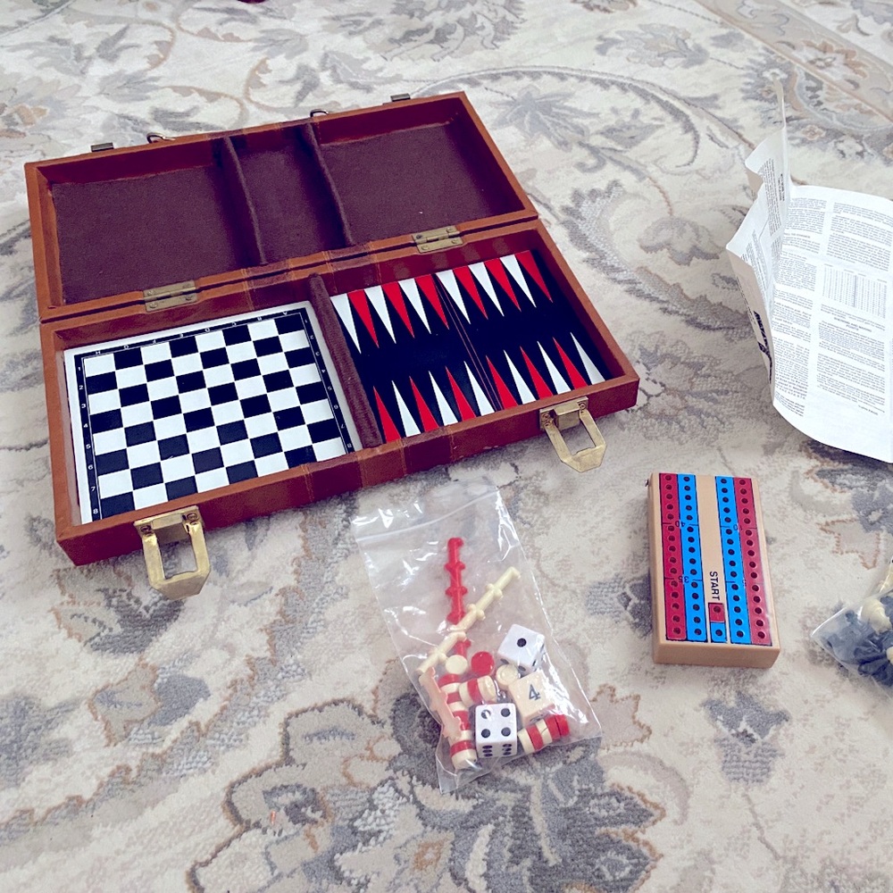 Vintage Faux Leather Mini Traveling Game Case: Chess, Backgammon, and Cribbage.